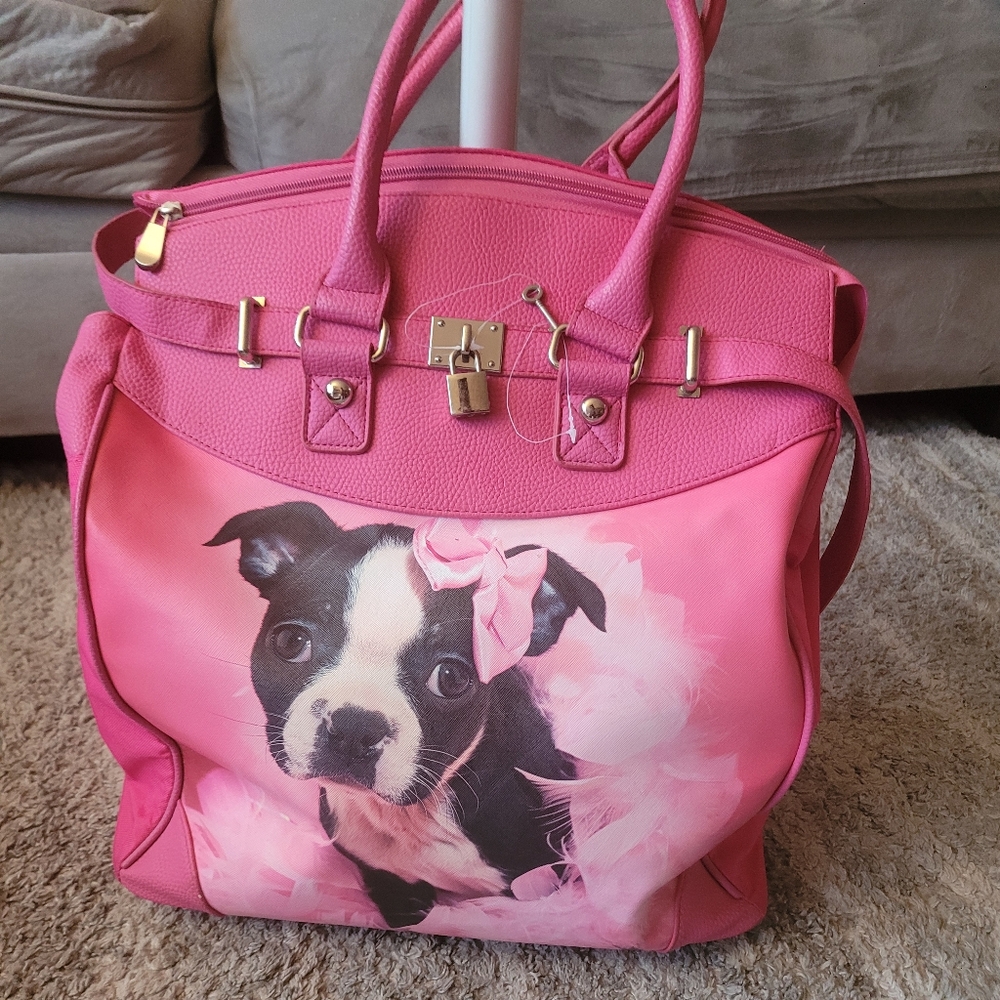 Vegan Rolling  Travel Tote under seat luggage, Graphic cute doge with a Pink Bow